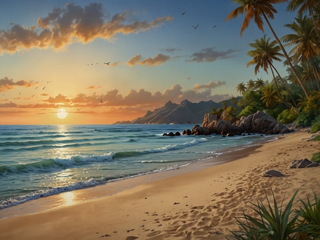Auf dem Bild ist eine malerische Strandlandschaft zu sehen. Die sanften Wellen des Meeres schlagen gegen den Sandstrand, während die Sonne am Horizont aufgeht und die Wolken in warmen Farben erleuchtet. Palm trees säumen die Küste und bieten einen tropischen Flair.Diese Szenerie lädt dazu ein, entspannende Aktivitäten wie Sonnenbaden, Schwimmen oder Strandspaziergänge zu genießen. Man könnte auch meditative Momente beim Beobachten des Sonnen Aufgangs erleben oder einfach nur die Natur und den Klang der Wellen genießen. Es ist ein idealer Ort für Erholung und um dem Alltagsstress zu entfliehen.
