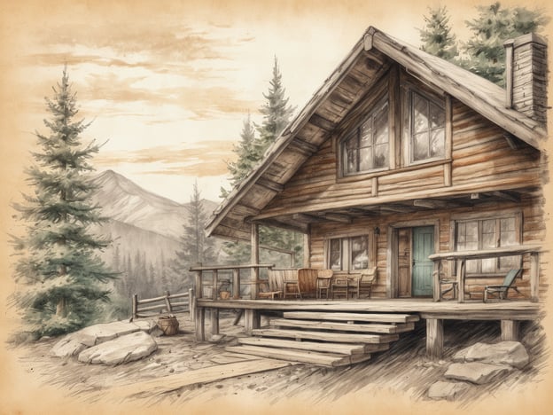 Eine Holzfamilienkabine steht vor einer malerischen Berglandschaft. Die Kabine hat eine große Veranda mit einladenden Sitzgelegenheiten und ist von hohen Bäumen umgeben. Im Hintergrund sind majestätische Berge zu sehen, während der Himmel in sanften Farben leuchtet. Die Atmosphäre ist friedlich und erinnert an rustikale Erholung in der Natur.