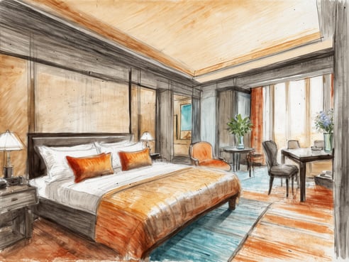 Das Bild zeigt eine stilisierte Skizze eines eleganten Schlafzimmerinterieurs. Im Mittelpunkt steht ein großes Bett mit weißen Kissen und orangefarbenen Akzenten. An den Wänden befinden sich große Fenster und die Beleuchtung wird durch zwei Nachttischlampen erzeugt. Der Boden ist in warmen Holztönen gehalten, während ein dezenter Teppich in Blau und Orange die Atmosphäre auflockert. Im Raum sind zudem ein orangefarbener Sessel, ein kleiner Tisch und eine Pflanze in einem Topf zu sehen, die dem Raum ein einladendes und modernes Flair verleihen.