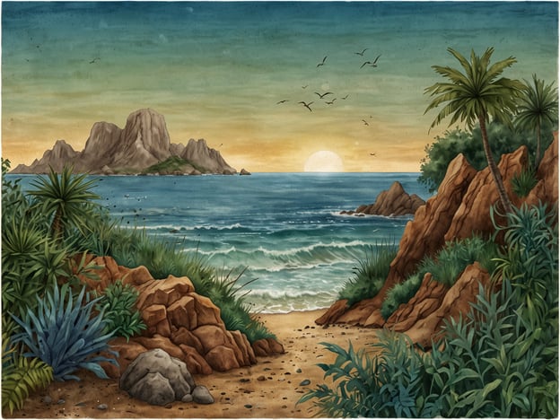 Auf dem Bild ist eine malerische Landschaft zu sehen, die eine Küstenlinie mit sanften Wellen, Felsen und üppiger Vegetation darstellt. Diese Szene betont die Schönheit der Natur und erinnert uns an die Bedeutung von Nachhaltigkeit und Naturschutz.Der Schutz solcher Ökosysteme ist entscheidend, um die Artenvielfalt zu erhalten und die natürlichen Ressourcen für zukünftige Generationen zu bewahren. Die harmonische Koexistenz von Pflanzen, Tieren und Meeresumwelt zeigt, wie wichtig es ist, solche Lebensräume zu schützen, um die Gesundheit unseres Planeten zu fördern.