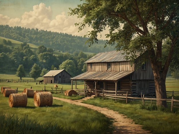 Auf dem Bild ist eine ländliche Szene zu sehen, die eine friedliche und naturverbundene Umgebung darstellt. Es sind zwei Holzhäuser zu erkennen, die typisch für die Mennonitenkultur sind, die Wert auf Einfachheit und ländliches Leben legt. Die Weiden um die Gebäude sind mit Heuballen und einigen Tieren, möglicherweise Kühen oder Pferden, geschmückt, was auf eine agrarische Lebensweise hinweist.Die Mennoniten sind eine religiöse Gemeinschaft, die aus der Reformation des 16. Jahrhunderts hervorgegangen ist. Sie legen großen Wert auf gemeinschaftliches Leben, Nächstenliebe und eine enge Verbindung zur Natur. Ihre Lebensweise ist oft geprägt von Traditionen, die auf Landwirtschaft und handwerklichen Tätigkeiten basieren, und spiegelt sich in der Architektur ihrer Häuser und der Gestaltung ihrer Landschaften wider.