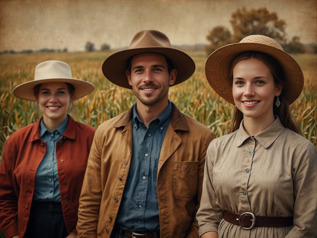 Auf dem Bild sind drei Personen zu sehen, die in traditioneller ländlicher Kleidung in einem Feld stehen. Diese Szenerie könnte mit besonderen Festen und Bräuchen in Verbindung stehen, die oft in ländlichen Regionen gefeiert werden.Typische Feste, die in einem solchen Kontext stattfinden, umfassen Erntedankfeste, bei denen die Ernte gefeiert und die Früchte der Arbeit gewürdigt werden. Oft tragen die Menschen traditionelle Trachten, um ihre Verbundenheit mit der Region und den Bräuchen zu zeigen. In vielen Kulturen sind solche Feste auch Gelegenheiten für Gemeinschaftsfeiern, bei denen Musik, Tanz und Essen eine zentrale Rolle spielen.Die Kleidung auf dem Bild könnte darauf hindeuten, dass die Personen an einem solchen Fest teilnehmen oder eine Verbindung zur Landwirtschaft und den damit verbundenen Traditionen haben.