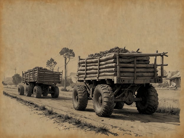 Auf dem Bild sind zwei große Wagen mit Rädern zu sehen, die auf einer Straße fahren. Die Wagen scheinen mit Holzstämmen oder ähnlichen Materialien beladen zu sein. Die Umgebung wirkt ländlich und könnte auf eine landwirtschaftlich genutzte Region hinweisen.In Bezug auf die Zukunft der Mennoniten in Belize könnten Trends beobachtet werden, wie eine verstärkte Integration moderner Technologien in die traditionelle Landwirtschaft. Diese Entwicklung könnte den Mennoniten helfen, effizienter zu arbeiten und ihre Erträge zu steigern. Gleichzeitig könnte es zu einem Spannungsfeld zwischen der Wahrung traditioneller Werte und dem Bedarf an Modernisierung kommen. Kooperationen mit anderen Gemeinschaften und der Zugang zu neuen Märkten könnten ebenfalls zukunftsweisend sein, um die Lebensqualität zu verbessern und die kulturelle Identität zu bewahren.