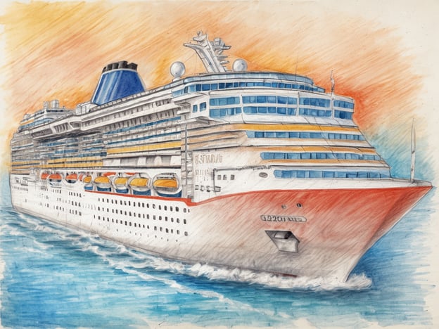 Auf dem Bild ist ein großes Kreuzfahrtschiff zu sehen, das majestätisch über das Wasser gleitet. Die Schiffsrumpf ist in Weiß mit einem auffälligen roten Bug gestaltet. Auf dem oberen Deck sind verschiedene Fenster und eine markante blaue Kuppel zu erkennen. Der Hintergrund zeigt einen malerischen Sonnenuntergang, wobei der Himmel in angenehmen Orange- und Blautönen gefärbt ist. Die Wellen des Wassers reflektieren die sanften Farben des Himmels und verleihen der Szenerie ein entspannendes Flair.