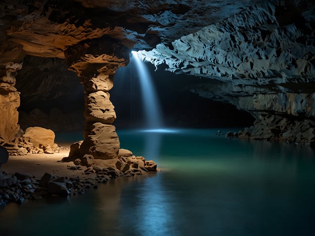 Auf dem Bild ist eine beeindruckende Höhlenlandschaft zu sehen. Die Szene zeigt eine große, dunkle Höhle mit einem türkisfarbenen Gewässer, das in der Mitte verläuft. Ein Lichtstrahl fällt von oben herunter und beleuchtet einen der großen Steinsäulen. Diese Säule scheint das Gewicht des Höhlendachs zu unterstützen, während der restliche Raum sanft im Dunkeln verhüllt bleibt.**Fazit:** Die Atmosphäre ist mystisch und lädt zum Staunen ein. Die Kombination aus Licht und Schatten verstärkt die beeindruckende Formung der Felsen und das ruhige Wasser.**Persönliche Eindrücke:** Ich empfinde eine gewisse Ruhe und Ehrfurcht angesichts der natürlichen Schönheit. Die Höhle wirkt wie ein verstecktes Paradies, das darauf wartet, erkundet zu werden. Der Lichtstrahl hat eine fast magische Qualität, die das Bild lebendig macht und das Gefühl von Tiefe und Geheimnis verstärkt.