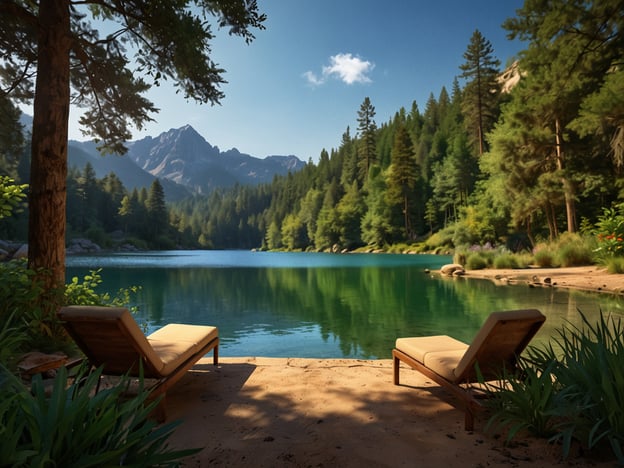 Auf dem Bild ist ein ruhiger See zu sehen, umgeben von dichtem Wald und majestätischen Bergen im Hintergrund. Es gibt zwei Liegen am Ufer, die einladend wirken und einen perfekten Platz zum Entspannen bieten.**Tipps für deinen Besuch:**1. **Früh kommen**: Um die beste Aussicht und Ruhe zu genießen, solltest du früh am Morgen dort sein, wenn das Licht ideal ist.2. **Ausrüstung**: Bringe eine Decke oder einen Liegestuhl mit, um es dir bequem zu machen. Ein gutes Buch kann ebenfalls zur Entspannung beitragen.3. **Picknick**: Packe Snacks oder ein Picknick ein, um die Natur in vollen Zügen zu genießen.4. **Natur erkunden**: Vergiss nicht, die Umgebung zu erkunden! Es gibt sicherlich schöne Wanderwege in der Nähe.5. **Fotografieren**: Halte deine Erlebnisse mit Fotos fest, besonders während der goldenen Stunde kurz nach Sonnenaufgang oder vor Sonnenuntergang.6. **Respektiere die Natur**: Achte darauf, keinen Müll zu hinterlassen und die Natur zu schützen.
