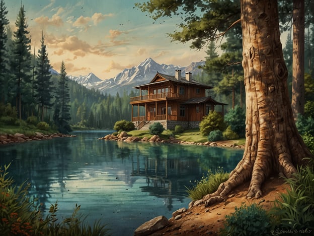 Auf dem Bild ist eine malerische Landschaft zu sehen, die ein Holzhaus am Ufer eines ruhigen Sees darstellt, umgeben von hohen Bäumen und majestätischen Bergen im Hintergrund. Die harmonische Farbgebung und der idyllische Ort strahlen Ruhe und Frieden aus.**Fazit:** Rio on Pools ist einen Besuch wert, weil es eine perfekte Kombination aus natürlicher Schönheit und entspannender Atmosphäre bietet. Die Möglichkeit, in einer solchen Kulisse zu verweilen, ermöglicht es Besuchern, dem Alltagsstress zu entfliehen und die Ruhe der Natur zu genießen.