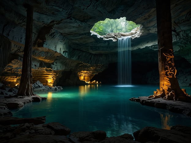 Auf dem Bild ist eine beeindruckende unterirdische Höhle zu sehen. Die Highlights des Paddelabenteuers könnten Folgendes umfassen:1. **Wasserfall:** Ein malerischer Wasserfall fließt durch eine Öffnung im Höhlenstapel und sorgt für eine außergewöhnliche Atmosphäre.2. **Kristallklares Wasser:** Das Wasser hat eine türkisfarbene Färbung, die zum Paddeln einlädt und die Schönheit der Umgebung unterstreicht.3. **Beleuchtung:** Strategisch platzierte Lichter heben die faszinierenden Felsformationen hervor und schaffen eine geheimnisvolle Stimmung.4. **Natürliche Elemente:** Die Kombination aus Wasser, Felsen und Pflanzen, die durch die Öffnung sichtbar sind, macht die Landschaft lebendig.5. **Abenteuerliche Atmosphäre:** Die gesamte Umgebung strahlt ein Gefühl von Entdeckung und Abenteuer aus, ideal für Paddelenthusiasten.Ein Ort, der sowohl Erholung als auch spannende Erlebnisse bietet!