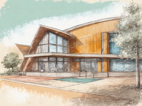 Ein modernes Fitnesscenter mit einer auffälligen architektonischen Gestaltung. Die Fassade ist aus Holz und Glas mit großen Fenstern, die viel Licht hineinlassen. Der Eingangsbereich ist einladend, mit einer Treppe und einem breiten Fußweg. Um das Gebäude herum befinden sich einige Bäume und eine kleine Landschaftsgestaltung. Der Himmel ist hellblau und vermittelt ein freundliches Ambiente.