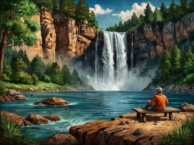 Auf dem Bild ist eine idyllische Naturlandschaft mit einem beeindruckenden Wasserfall zu sehen. Der Wasserfall stürzt kraftvoll aus einer hohen Felswand und ergießt sich in einen klaren, türkisfarbenen See. Am Ufer des Sees sitzt eine Person auf einer Holzbank und genießt die ruhige Atmosphäre.Aktivitäten, die man vor Ort erleben könnte, sind zum Beispiel:1. **Wanderungen**: Es gibt sicherlich Wanderwege in der Umgebung, die zu schönen Aussichten führen.2. **Schwimmen**: Im klaren Wasser des Sees könnte man an heißen Tagen schwimmen oder einfach nur planschen.3. **Picknicken**: Die ruhige Umgebung eignet sich hervorragend für ein entspanntes Picknick unter den Bäumen.4. **Fotografieren**: Die malerische Landschaft bietet viele Gelegenheiten für wunderschöne Fotos.5. **Vogelbeobachtung**: Mit etwas Glück kann man verschiedene Vogelarten in der Natur beobachten.Diese Erlebnisse machen den Ort zu einem perfekten Ziel für Naturliebhaber und Suchende nach Ruhe.