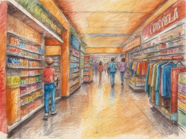 Ein Duty-Free-Shop mit verschiedenen Regalen, die Produkte wie Süßigkeiten, Parfums und Bekleidung präsentieren. Eine Person mit einem Rucksack steht am Regal und betrachtet die angebotenen Waren. Im Hintergrund sind andere Besucher zu sehen, die die Gänge entlanggehen. Die Wände sind farbenfroh und die Beleuchtung schafft eine einladende Atmosphäre.