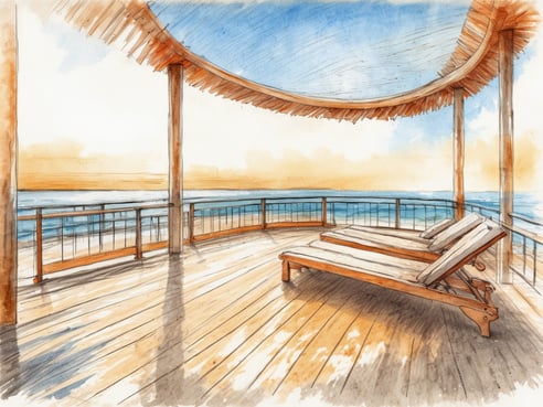 Ein Sonnendeck mit zwei Liegen steht am Rand eines großzügigen Holzbodens. Das Deck ist überdacht und bietet einen Blick auf das ruhige Meer im Hintergrund, während der Himmel sanfte Blau- und Gelbtöne aufweist. Die Atmosphäre vermittelt ein Gefühl von Ruhe und Entspannung, ideal für einen sonnigen Nachmittag.