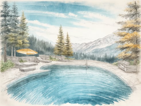 Ein Whirlpool ist im Vordergrund dargestellt, umgeben von einer Holzterrasse. Auf der Terrasse stehen Liegen und ein Sonnenschirm mit orangem Bezug. Im Hintergrund sind hohe, grüne Bäume und majestätische Berge mit einer klaren blauen Himmelslandschaft zu sehen. Die Szenerie vermittelt eine ruhige und entspannende Atmosphäre in der Natur.