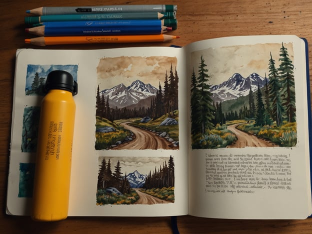 Auf dem Bild ist ein Skizzenbuch zu sehen, das mehrere wunderschöne Aquarellmalereien von Landschaften zeigt, einschließlich Bergen und Waldwegen. Neben dem Skizzenbuch liegt eine gelbe Wasserflasche und einige Buntstifte.Für Wanderfreunde sind hier einige Tipps:1. **Hydration ist wichtig**: Stelle sicher, dass du immer genügend Wasser dabei hast. Eine gute Wasserflasche wie die im Bild kann helfen, die Flüssigkeitszufuhr aufrechtzuerhalten.2. **Verwendung von Skizzenbüchern**: Halte deine Erlebnisse fest! Ein Skizzenbuch kann eine wunderbare Möglichkeit sein, die Schönheit der Natur einzufangen und deine Gedanken während der Wanderung zu dokumentieren.3. **Packe deine Farben ein**: Wenn du gerne malst, bringe leichtes Malzubehör mit. Einige wasserfeste Farben und Pinsel sind klein und passen gut in jeden Rucksack.4. **Wähle die richtige Route**: Informiere dich im Voraus über Wanderwege, um sicherzustellen, dass sie deinem Erfahrungsgrad entsprechen und die gewünschten Landschaften zeigen.5. **Achte auf die Umgebung**: Nutze Pausen, um die Natur um dich herum zu beobachten und vielleicht Inspiration für deine nächsten Kunstwerke zu finden.Viel Spaß beim Wandern und Malen!