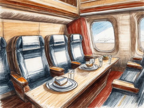 Das Bild zeigt den Kabinenservice in einem Flugzeug mit mehreren gepolsterten, lederbezogenen Sitzplätzen in Blau und Braun. In der Mitte des Bildes befindet sich ein Holz-Tisch, der mit verschiedenen Speisen und Getränken angerichtet ist, darunter ein Stück Kuchen, eine Schüssel mit einer Vorspeise und zwei Gläser mit Getränken. Im Hintergrund sind zwei Fenster zu sehen, durch die der Blick auf die Wolken draußen möglich ist. Die gesamte Atmosphäre vermittelt ein Gefühl von Komfort und Gastfreundschaft während des Flugs.