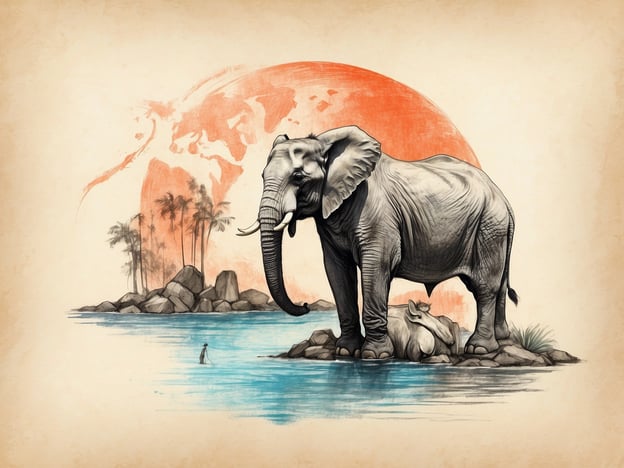 Auf dem Bild ist ein majestätischer Elefant zu sehen, der in einer malerischen Landschaft steht. Seine Präsenz symbolisiert die Bedeutung von Tierschutz und den Schutz bedrohter Arten. Der Elefant steht in einem Gewässer, umgeben von Felsen und Palmen, was auf eine naturnahe Umgebung hinweist.Im Hintergrund ist eine Darstellung der Erde zu erkennen, die auf das Thema Nachhaltigkeit und den Schutz unseres Planeten hinweist. Diese Darstellung erinnert uns daran, wie wichtig es ist, die natürlichen Lebensräume der Tiere zu bewahren und umweltfreundliche Praktiken zu fördern, um die Biodiversität zu schützen und das Wohlbefinden von Tieren zu sichern.