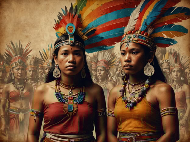 Auf dem Bild sind zwei Frauen zu sehen, die traditionelle, farbenfrohe Kleider sowie aufwendige Kopfbedeckungen mit Federn tragen. Im Hintergrund sind weitere Frauen in ähnlicher Kleidung zu sehen, was eine kulturelle Zeremonie oder Versammlung andeutet. Solche Darstellungen könnten beispielsweise an Stämme aus Mittel- oder Südamerika erinnern.Kulturelle Erlebnisse und Aktivitäten vor Ort könnten Folgendes beinhalten:1. **Traditionelle Feste**: In den Kulturen vieler indigenen Völker finden häufig Feste statt, bei denen Tänze und Gesänge aufgeführt werden, um die Verbindung zu ihren Traditionen und der Natur zu feiern.2. **Handwerkskunst**: Besucher können oft an Workshops teilnehmen, in denen traditionelle Handwerkskünste wie Schmuckherstellung oder Weben gelehrt werden.3. **Kochkurse**: Diese könnten lokale Gerichte und Zubereitungstechniken vermitteln, die oft auf den traditionellen Zutaten der Region basieren.4. **Führungen durch historische Stätten**: Oft gibt es Möglichkeiten, historische Stätten oder archäologische Stätten zu besichtigen, die tiefere Einblicke in die Kultur und Geschichte der indigenen Völker bieten.5. **Selbstgefundenes Erlernen**: Ein Besuch in lokalen Gemeinschaften kann Einblicke in die Bräuche, Rituale und das Alltagsleben der Menschen bieten.All diese Aktivitäten fördern ein Verständnis und Respekt für die reiche kulturelle Vielfalt und die Traditionen der jeweiligen Gemeinschaften.