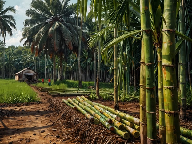 Auf dem Bild ist eine tropische Landschaft zu sehen, die wahrscheinlich mit der Zuckerproduktion in Belize in Zusammenhang steht. Im Vordergrund erkennt man gestapelte Zuckerrohrstangen, die für die Zuckerherstellung benötigt werden. Die Umgebung ist geprägt von hohen Palmen und üppigem, grünem Pflanzenwachstum, was typisch für das Klima in Belize ist.Belize ist bekannt für seine Zuckerrohrplantagen, und die Landwirtschaft spielt eine wichtige Rolle in der Wirtschaft des Landes. Die Ernte und Verarbeitung von Zuckerrohr haben eine lange Tradition, die bis in die koloniale Zeit zurückreicht. Zuckerrohr gedeiht besonders gut in den warmen, feuchten Bedingungen, die Belize bietet.