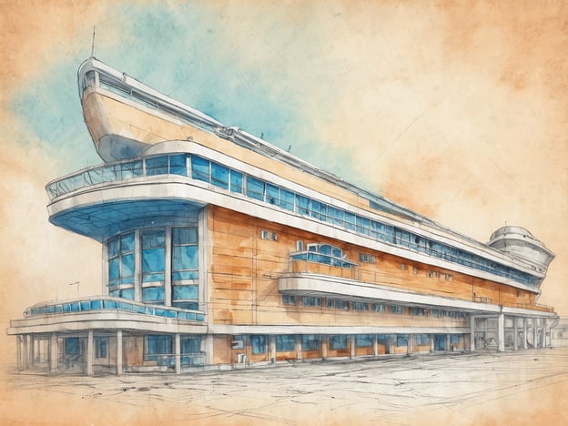 Das Bild zeigt ein Kreuzfahrtterminalgebäude mit einem modernen, architektonisch ansprechenden Design. Die Fassade ist in warmen Tönen gehalten und verfügt über große Fenster, die viel Licht hereinlassen. Das Gebäude hat mehrere Ebenen, wobei die obere Etage eine Aussichtsterrasse besitzt. An einem Ende des Gebäudes befindet sich eine charakteristische abgerundete Struktur, die an einen Schiffsbalkon erinnert. Der Boden vor dem Gebäude ist weitläufig und bietet Platz für Verkehr und Passagiere. Der Himmel im Hintergrund ist hellblau, was eine freundliche Atmosphäre schafft.