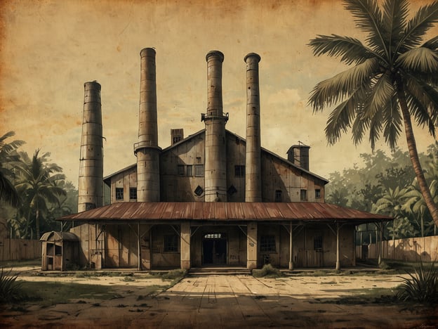 Auf dem Bild ist eine alte Zuckerfabrik zu sehen, die an die Serpon Zuckerfabrik erinnert. Die Fabrik ist aus Backstein gebaut und zeigt mehrere hohe Schornsteine, die charakteristisch für industrielle Anlagen sind. Das Dach ist aus Metall und hat Anzeichen von Verwitterung, was darauf hindeutet, dass das Gebäude schon länger nicht mehr genutzt wird.Um die Fabrik herum sind tropische Pflanzen, darunter Palmen, die eine schon fast exotische Atmosphäre schaffen. Die Szene wirkt nostalgisch und vermittelt den Eindruck einer vergangenen Epoche, in der die Zuckerproduktion ein zentraler Bestandteil der lokalen Wirtschaft war. Die Gesamtstimmung des Bildes ist ruhig und spiegelt die Ruinen einer industriellen Vergangenheit wider.