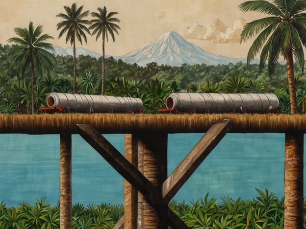 Auf dem Bild sind Zuckerröhren oder -zylinder zu sehen, die auf einer Holzstruktur gelagert sind, umgeben von einer üppigen tropischen Landschaft mit Palmen und einem Wasserlauf im Vordergrund.In Bezug auf Nachhaltigkeit und die Zukunft der Zuckerproduktion in Belize ist es wichtig, dass solche traditionellen aus der Natur gewonnenen Ressourcen verantwortungsvoll genutzt werden. Belize hat großes Potenzial für nachhaltige Zuckermethoden, die die Biodiversität schützen und die Umwelt weniger belasten.Innovative Ansätze könnten den Anbau von Zuckerrohr mit agroökologischen Methoden kombinieren, um die Fruchtbarkeit des Bodens zu erhalten und den Wasserverbrauch zu minimieren. Zukunftsorientierte Strategien könnten auch den Einsatz erneuerbarer Energien und die Verarbeitung von Zuckerprodukten zu nachhaltigen Erzeugnissen beinhalten, was sowohl der lokalen Wirtschaft zugutekäme als auch die ökologischen Fußabdrücke verringern würde.