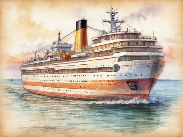 Ein großes Kreuzfahrtschiff fährt durch ruhiges Wasser. Das Schiff hat mehrere Decks, eine auffällige schwarze Schornsteinstruktur und orangefarbene Details. Der Himmel ist sanft gefärbt mit pastelartigen Tönen, die einen Sonnenuntergang andeuten. Im Hintergrund ist eine kleine Segelyacht zu sehen, die dem Schiff entgegen fährt. Das Bild vermittelt eine nostalgische Atmosphäre und zeigt das Schiff aus einer seitlichen Perspektive.