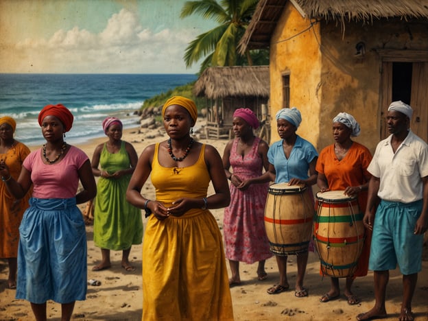 Auf dem Bild sind mehrere Frauen und einen Mann zu sehen, die traditionelle Kleidung tragen und an einem Strand stehen. Die Frauen scheinen an einer kulturellen Zeremonie oder festlichen Veranstaltung teilzunehmen, wobei einige von ihnen Trommeln halten. Die Farbigkeit ihrer Kleider, einschließlich der Kopftücher, spiegelt oft die lebendige Garifuna-Kultur wider.Die Garifuna-Kultur hat ihre Wurzeln in der Geschichte der indigenen Arawak- und Carib-Völker sowie afrikanischen Einflüssen. Sie ist bekannt für ihre Musik, Tanz und traditionellen Bräuche, die eine starke Gemeinschaftsidentität fördern. Die musikalischen Elemente, die oft mit Trommeln und Gesang verbunden sind, spielen eine zentrale Rolle in den Feierlichkeiten und spiegeln die tiefen spirituellen und kulturellen Werte der Garifuna wider.