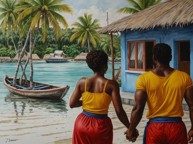 Auf dem Bild sind ein Mann und eine Frau zu sehen, die Hand in Hand am Strand entlanggehen. Sie tragen farbenfrohe Kleidung und schauen in Richtung Wasser, wo ein Boot und eine tropische Landschaft mit Palmen zu sehen sind. Das Bild vermittelt eine friedliche und romantische Atmosphäre.Hier sind einige Tipps für deinen Besuch in Seine Bight:1. **Genieße die Strände**: Die Strände in Seine Bight sind wunderschön und ideal zum Entspannen oder für Wassersportarten wie Schnorcheln und Kajakfahren.2. **Kultur erleben**: Informiere dich über die Kultur der Garifuna, die in der Region ansässig ist. Es gibt oft Veranstaltungen oder Tänze, die du besuchen kannst.3. **Lokale Küche probieren**: Genieße frische Meeresfrüchte und traditionelle Gerichte in den lokalen Restaurants und Ständen.4. **Natur entdecken**: Unternimm Wanderungen in der Umgebung, um die beeindruckende Flora und Fauna zu erleben.5. **Bieten Sie Unterstützung für lokale Künstler**: Besuche lokale Märkte und Galerien, um handgefertigte Souvenirs zu kaufen und die Kunstszene zu unterstützen.