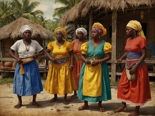 Auf dem Bild sind mehrere Frauen in traditioneller Kleidung der Garifuna-Kultur zu sehen. Die Garifuna sind ein indigenes Volk, das aus den Nachkommen von afrikanischen Sklaven und den indigenen Arawak- und Karib-Stämmen besteht. Ihre Kultur ist reich an musikalischen Traditionen, Tänzen und kulinarischen Einflüssen.Die Frauen tragen bunte Kleider und Kopftücher, die typisch sind für die Garifuna-Gemeinschaften, die vor allem in Mittelamerika, insbesondere in Ländern wie Honduras, Belize und Guatemala, leben. Diese Kleidungsstücke sind oft ein Ausdruck ihrer kulturellen Identität und werden häufig bei festlichen Anlässen oder Zeremonien getragen.Die Garifuna-Kultur ist bekannt für ihre fröhliche Musik, besonders für den Paranda, einen musikalischen Stil, der akustische Instrumente und Gesang kombiniert. Die Gemeinschaft legt großen Wert auf ihre Traditionen, die von Generation zu Generation weitergegeben werden.