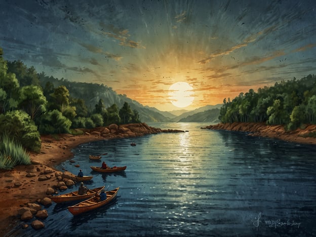 Auf dem Bild ist eine malerische Landschaft zu sehen, die von einem Fluss oder See mit sanften Wellen und gefärbtem Wasser geprägt ist. Im Vordergrund befinden sich mehrere Boote, in denen Menschen rudern oder angeln. Die Umgebung ist üppig mit Bäumen und einem grünen Ufer gestaltet.Die Abenddämmerung wird durch einen wunderschönen Sonnenuntergang akzentuiert, der den Himmel in warmen Farben erstrahlen lässt. Diese Szenerie lädt zu Aktivitäten wie Bootfahren, Angeln oder einfach nur zum Genießen der Natur ein. Man könnte sich vorstellen, dass die Menschen auf dem Wasser entspannen oder eine unvergessliche Zeit mit Freunden und Familie verbringen.