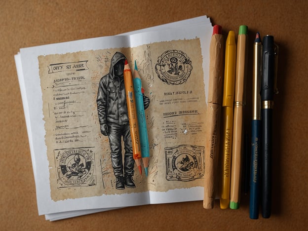 Auf dem Bild ist eine künstlerische Darstellung zu sehen, die einen Mann in einem Hoodie zeigt. Er scheint auf einem Blatt Papier abgebildet zu sein, das wie ein Dokument aussieht, eventuell eine Art Ausweis oder Identifikation. Um das Bild herum liegen verschiedene Schreibutensilien, darunter bunte Stifte und Marker.Für Besucher, die Interesse an solch kreativen Kunstwerken haben, empfiehlt es sich, lokale Kunstgalerien oder Ausstellungen zu besuchen, die zeitgenössische Kunst und Illustration präsentieren. Oftmals werden dort auch Workshops angeboten, wo man selbst kreativ werden kann. Informieren Sie sich über Veranstaltungen in der Region, um solche Kunstwerke hautnah erleben zu können.