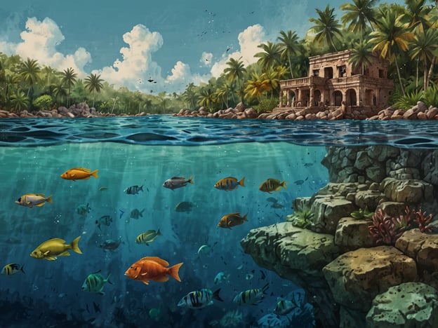 Auf dem Bild ist eine malerische Unterwasserlandschaft zu sehen, die mit bunten Fischen und einer klaren, blauen Lagune fasziniert. Im Hintergrund befindet sich ein altes Gebäude, umgeben von üppiger Vegetation, wodurch eine tropische Atmosphäre entsteht.
In Sarteneja kann man ähnliche Erlebnisse genießen, wie zum Beispiel:
1. **Schnorcheln und Tauchen**: Die Gewässer rund um Sarteneja sind ideal zum Schnorcheln und Tauchen, wo man die farbenfrohe Unterwasserwelt erkunden kann.
2. **Bootstouren**: Eine Bootstour ermöglicht es, die Küste und die ruhigen Buchten zu entdecken, sowie die Tiere und Pflanzen der Region zu beobachten.
3. **Naturwanderungen**: In der Umgebung gibt es schöne Wanderwege, die durch tropische Landschaften führen und atemberaubende Ausblicke bieten.
4. **Fischerei**: Die Region ist auch für ihre Fischerei bekannt. Man kann angeln oder sich an der örtlichen Küche erfreuen.
Diese Aktivitäten machen Sarteneja zu einem hervorragenden Ziel für Naturliebhaber und Abenteuerlustige.
