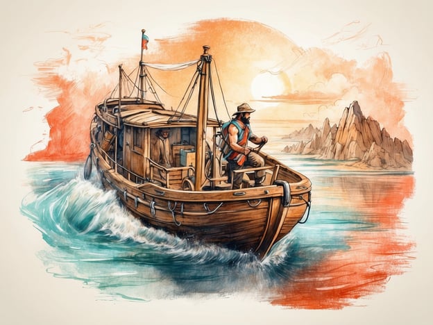 Auf dem Bild ist ein traditionelles, aus Holz gebautes Boot zu sehen, das durch ruhiges Wasser fährt.**Besondere Highlights:**- **Sonnenuntergang:** Im Hintergrund ist eine eindrucksvolle Sonne zu sehen, die den Himmel in sanfte Orange- und Gelbtöne taucht.- **Fischer:** Ein Mann sitzt am Bug des Boots und schaut nach vorne, während ein weiterer Mann im inneren Bereich des Boots beschäftigt ist.- **Detailreiche Darstellung:** Die Holzstruktur des Boots und die sanften Wasserwellen sind sehr ansprechend und realistisch gestaltet.- **Felsen im Hintergrund:** Am Horizont sind zerklüftete Felsformationen sichtbar, die der Szene eine natürliche Kulisse verleihen.Insgesamt vermittelt das Bild ein Gefühl von Abenteuer und Ruhe auf dem Wasser.