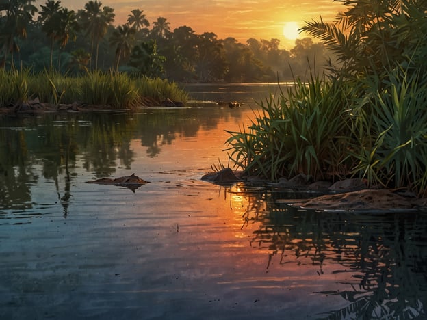 Auf dem Bild ist ein malerischer Sonnenaufgang am Sittee River zu sehen. Das sanfte Licht der Morgenröte spiegelt sich im ruhigen Wasser, das von üppigem, grünem Schilf und Palmen gesäumt wird. Die Umgebung vermittelt ein Gefühl von Ruhe und natürlicher Schönheit.Entlang des Flusses kann man die vielfältige Tierwelt erleben: vielleicht das Geräusch von Vögeln, die sich in den Bäumen niederlassen, oder das Plätschern von Fischen, die an die Wasseroberfläche springen. Bei Spaziergängen am Ufer kommen oft auch kapuzineraffen oder andere Tiere ins Blickfeld, die die Region bevölkern.Diese Naturlandschaft lädt zu Erkundungen ein, sei es durch Bootsfahrten auf dem Fluss oder einfach nur durch entspannte Spaziergänge entlang des Wassers. Die Szenerie symbolisiert das harmonische Zusammenspiel von Flora und Fauna, das den Sittee River zu einem einzigartigen Naturerlebnis macht.