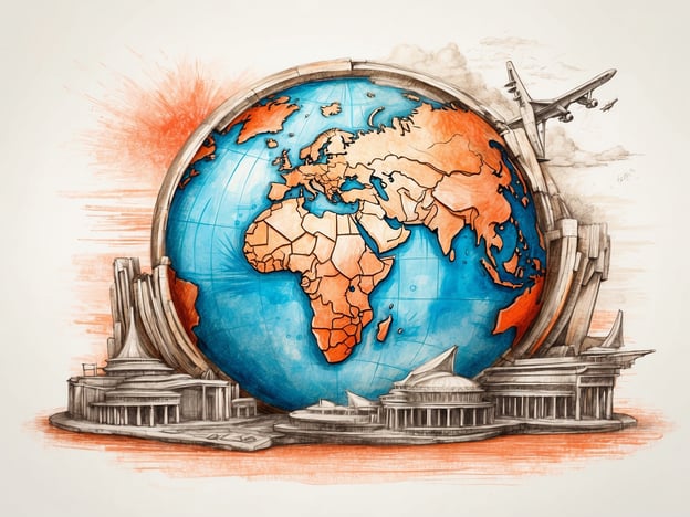 Auf dem Bild wird eine stilisierte Darstellung der Erde gezeigt, die von verschiedenen architektonischen Elementen umgeben ist. In Zukunft könnte diese Art von Kunstwerk als Symbol für den globalen Austausch und die Vernetzung der Kulturen verstanden werden. Der Globus, insbesondere Afrika und Europa, wird hervorgehoben, was darauf hinweisen könnte, dass diese Regionen in den kommenden Jahrzehnten eine zunehmende Rolle im internationalen Dialog und in der Zusammenarbeit spielen werden.Mit dem Abbild eines Flugzeugs, das über die Erde fliegt, wird zudem die Bedeutung von Reisen und globaler Mobilität unterstrichen. In der Zukunft werden Technologien vielleicht eine noch schnellere und effizientere Fortbewegung ermöglichen, wodurch die Welt enger zusammenrückt. Solche Entwicklungen könnten auch die Art und Weise verändern, wie wir interkulturelle Beziehungen gestalten und wirtschaftliche Partnerschaften aufbauen.