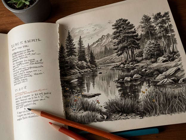 Auf dem Bild ist eine schön gestaltete Zeichnung einer Landschaft zu sehen, die einen Fluss oder See, umgeben von Bäumen und Bergen zeigt. Neben der Illustration befindet sich eine Seite mit handgeschriebenem Text, möglicherweise aus einem Notizbuch oder einem Skizzenbuch. Es sind auch Farbstifte sichtbar, die darauf hindeuten, dass mit der Zeichnung noch gearbeitet wird.**Tipps für Deinen Besuch:**1. **Landschaft beobachten**: Achte auf Details in der Natur, wie Farbe und Struktur der Bäume.2. **Kreatives Arbeiten**: Nutze die Farbstifte, um eigene Zeichnungen anzufertigen oder bestehende Skizzen zu vervollständigen.3. **Textstudium**: Lies den handgeschriebenen Text, falls er Informationen oder Inspiration bietet.4. **Ruhige Umgebung**: Schaffe eine ruhige Atmosphäre, um deinen kreativen Prozess zu fördern.5. **Inspiration sammeln**: Lass dich von der Natur und der Umgebung inspirieren, vielleicht auch für zukünftige Kunstprojekte.