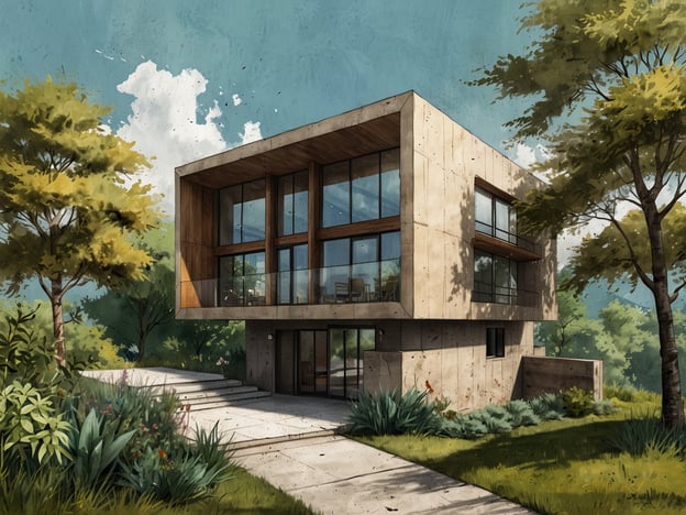 Auf dem Bild ist ein modernes Gebäude zu sehen, das sich durch eine charakteristische Architektur auszeichnet. Die Bauweise kombiniert Beton mit holzverkleideten Elementen, was eine harmonische Verbindung zwischen der robusten Struktur und warmer Ästhetik schafft.Die Fassade ist mit großen Fenstern versehen, die viel Tageslicht hereinlassen und einen offenen Ausblick auf die umgebende Natur bieten. Das Dach hat eine klare, geometrische Form, die den minimalistischen Stil des Hauses unterstreicht. Die Einbettung in die Landschaft wird durch die umliegenden Bäume und Pflanzen verstärkt, die eine grüne Umgebung schaffen.Die Treppe, die zum Eingang führt, und der gut gestaltete Außenbereich tragen zur ansprechenden Gesamtwirkung des Gebäudes bei und sorgen für eine einladende Atmosphäre.