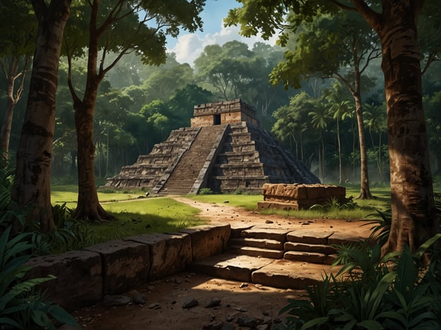 Auf dem Bild ist eine beeindruckende Maya-Pyramide zu sehen, eingebettet in eine üppige, grüne Dschungellandschaft. Der Anblick der alten Steinstufen, die zur Pyramide führen, lässt den Betrachter die Geschichte und Kultur der Maya spüren. Umgeben von hohen Bäumen und verschiedenen Pflanzen schafft die Naturlandschaft eine ruhige, fast mystische Atmosphäre.Die Lichtverhältnisse sind angenehm, mit sanften Schatten und Sonnenstrahlen, die durch das Blätterdach dringen. Dies lädt zu einem Spaziergang ein, bei dem man die Ruhe der Natur genießen und gleichzeitig die architektonischen Wunder der Vergangenheit bewundern kann. Ein idealer Aussichtspunkt, um sowohl die Pyramide als auch die umgebende Flora und Fauna zu erleben, bietet eine harmonische Verbindung zwischen Mensch und Natur.
