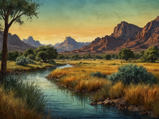 Das Bild zeigt eine malerische Landschaft mit einem ruhigen Fluss, umgeben von bewachsenen Ufern, sanften Hügeln und majestätischen Bergen im Hintergrund. Die Szene vermittelt eine friedliche Atmosphäre, die durch das warme Licht der untergehenden Sonne verstärkt wird.Die Rio Bravo Conservation Area ist ein bedeutendes Schutzgebiet, das sich im Südwesten der Vereinigten Staaten befindet und reich an biologischer Vielfalt ist. Es spielt eine wichtige Rolle beim Schutz von Lebensräumen für verschiedene Tierarten und Pflanzen, während es gleichzeitig Möglichkeiten für Erholung und Naturerlebnisse bietet. Die Region ist bekannt für ihre atemberaubenden Landschaften und die vielfältigen Ökosysteme, die Touristen und Naturliebhaber anziehen.