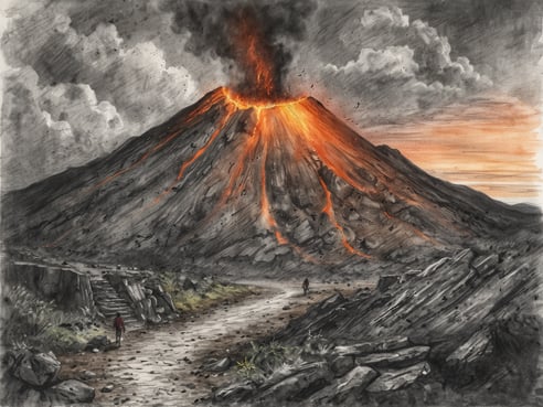 Ein aktiver Vulkan mit glühender Lava an der Spitze, der Rauch in den Himmel stößt. Im Vordergrund verläuft ein schmaler Weg, gesäumt von großen Steinen und Felsen. Zwei Wanderer bewegen sich auf dem Weg, während der Himmel in orangefarbenen und grauen Tönen leuchtet, was auf einen Sonnenuntergang hindeutet. Am Hang des Vulkans sind Lavaströme sichtbar, und die Landschaft wirkt rau und unberührt.