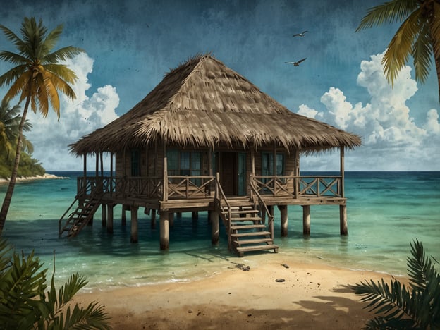 Das Bild zeigt ein malerisches Strandhaus auf Stelzen, das mit einem Strohdach bedeckt ist. Es steht direkt am Wasser, umgeben von palmengesäumtem Sandstrand. Die Ansicht vermittelt ein tropisches Paradies, ideal für Entspannung und Erholung.Das Ambergris Museum, das sich in Belize befindet, beschäftigt sich mit der Geschichte und Kultur der Region, insbesondere mit dem berühmten Ambergris-Caye. Hier werden Sammlungen von Artefakten, botanischen Exponaten und Informationen über die lokale Tierwelt präsentiert. Die Umgebung des Museums spiegelt die natürliche Schönheit der Karibik wider und bietet Besuchern eine eindrucksvolle Erfahrung von der Kultur und Geschichte Belizes.
