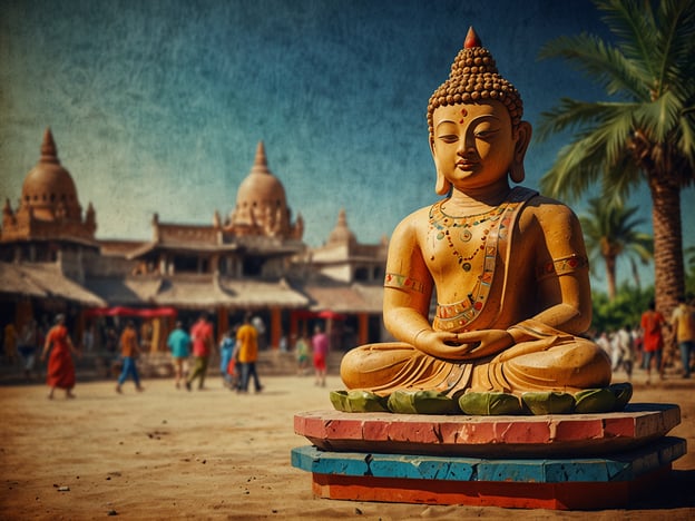 Auf dem Bild ist eine Buddha-Statue zu sehen, die in einer meditativen Pose sitzt. Diese Art von Statue ist ein bedeutendes kulturelles Symbol in vielen asiatischen Traditionen, besonders im Buddhismus, wo sie für Frieden, Mitgefühl und Erleuchtung steht.Im Hintergrund befinden sich architektonische Strukturen, die möglicherweise Tempel oder andere religiöse Gebäude darstellen, die oft mit kunstvollen Verzierungen und Stupas geschmückt sind. Diese Bauwerke sind wichtige kulturelle Schätze, da sie nicht nur religiöse, sondern auch historische Bedeutung haben.Die Menschen im Vordergrund und Hintergrund, die farbenfrohe Kleidung tragen, könnten Pilger oder Touristen sein, die die spirituelle Atmosphäre des Ortes erleben. Solche Stätten sind oft Schauplätze für Feste und Zeremonien, die die reiche Tradition und den Glauben der Gemeinschaften widerspiegeln. Das Bild vermittelt insgesamt ein Gefühl von Spiritualität und kultureller Vielfalt.