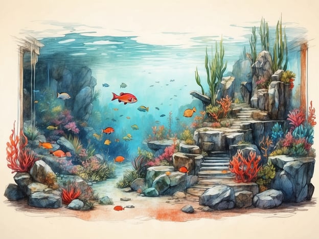 Auf dem Bild ist eine faszinierende Unterwasserlandschaft in einem Aquarium zu sehen. Die Besonderheiten dieses Aquariums umfassen:1. **Vielfältige Meereslebewesen**: Bunte Fische schwimmen in unterschiedlichen Gruppen, was für eine lebendige und dynamische Unterwasserwelt sorgt.2. **Künstlerische Gestaltung**: Die Szenen sind sorgfältig illustriert mit detaillierten Fischen und Pflanzen, die dem Aquarium eine künstlerische Note verleihen.3. **Korallenriffe**: Viele verschiedene Arten von Korallen in lebhaften Farben sind im Vordergrund abgebildet, die ein wichtiger Lebensraum für viele Meereslebewesen sind.4. **Felsenlandschaft**: Die steinigen Strukturen und Treppen, die in die Unterwasserwelt führen, schaffen ein spannendes und abwechslungsreiches Terrain.5. **Helle Wasserfarben**: Die durchsichtigen, blauen und grünen Wassertöne erzeugen ein Gefühl von Tiefe und Klarheit.Insgesamt vermittelt das Bild eine entspannende und friedliche Atmosphäre, die die Schönheit der Unterwasserwelt einfängt.
