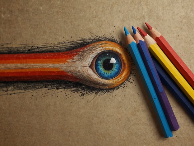 Auf dem Bild ist eine künstlerische Darstellung eines Auges zu sehen, das an einem farbigen Strahl erinnert. Es scheint so, als würde das Auge aus einem Hintergrund herausblicken. Neben dem Artwork liegen mehrere farbige Buntstifte.Wie ich helfen kann: Möchtest du mehr über Techniken der Kunst, die Verwendung von Buntstiften oder Inspiration für eigene Kunstprojekte erfahren?