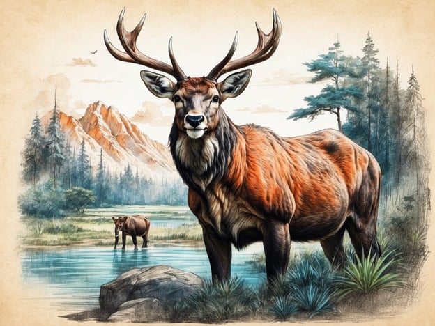 Auf dem Bild ist ein beeindruckender Hirsch mit prächtigen Geweihen zu sehen, der majestätisch am Ufer eines Gewässers steht. Im Hintergrund erkennt man eine malerische Landschaft mit Bergen und Bäumen, die die natürliche Lebensumgebung des Tieres unterstreicht. In der Nähe ist auch ein Bär, der im Wasser steht, was die Vielfalt der Wildtiere in diesem Habitat zeigt.Die Geschichte des Wildparks könnte sich um den Schutz und die Erhaltung solcher Tiere drehen. Wildparks bieten oft einen Lebensraum für verschiedene Tierarten und engagieren sich für die Erhaltung ihrer natürlichen Lebensräume und den Schutz gefährdeter Arten. Dieses Bild verkörpert die Schönheit der Natur und die wichtige Rolle, die Wildparks dabei spielen, das ökologische Gleichgewicht zu bewahren.