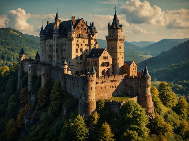 Auf dem Bild ist eine majestätische Burg zu sehen, die sich beeindruckend auf einem Hügel über eine malerische Landschaft erhebt. Die Architektur zeigt hohe Türme und eine kunstvolle Fassade, was auf eine historische und romantische Bauweise hinweist. Diese Beschreibung könnte gut zu einer der Top 10 der schönsten Burgen in Deutschland passen, wie zum Beispiel:1. **Neuschwanstein** – bekannt für sein märchenhaftes Aussehen.2. **Hohenzollern** – beeindruckend auf einem Berggipfel.3. **Burg Eltz** – malerisch im Tal gelegene Burg.4. **Schloss Heidelberg** – bekannt für seine historische Bedeutung.5. **Burg Rothenburg ob der Tauber** – eine charmante mittelalterliche Burg.6. **Schloss Hohenzollern** – eine der schönsten Burgen Deutschlands.7. **Schloss Burg** – eine der größten Burganlagen in Deutschland.8. **Burg Trausnitz** – hoch über der Stadt Landshut gelegen.9. **Burg Mauterndorf** – ein gut erhaltenes Bauwerk in der Salzburger Region.10. **Schloss Neuenberg** – eine einzigartige Kombination aus Burg und Schloss.Obwohl ich nicht sagen kann, welche Burg konkret abgebildet ist, könnte sie durchaus als eine von diesen historischen und schönen Burgen interpretiert werden.