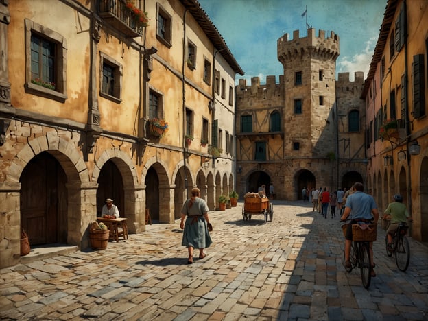 Auf dem Bild ist eine malerische, historische Stadtansicht zu sehen, die sich um eine Burgruine oder ein Schloss gruppiert. Die Straßen sind mit gepflasterten Steinen bedeckt und gesäumt von alten Gebäuden, die einladend wirken.Aktivitäten und Tourismus rund um Burgen und Schlösser könnten hier beinhalten:- **Führungen**: Besucher können geführte Touren durch die Burg oder die umliegenden historischen Stätten unternehmen, um mehr über die Geschichte und die Legenden der Region zu erfahren.- **Kulturelle Veranstaltungen**: In und um die Burgen könnten mittelalterliche Feste, Märkte oder Theateraufführungen stattfinden, die die Geschichte lebendig machen.- **Radfahren**: Die Umgebung bietet sich ideal für Fahrradtouren an, um die Landschaft und historische Stätten zu erkunden.- **Fotografie**: Die charmante Architektur und die malerische Umgebung sind perfekte Motive für Fotografen und Reisende, die Erinnerungen festhalten möchten.- **Einkäufe und Gastronomie**: In den Geschäften und Cafés entlang der Straßen können regionale Produkte und Snacks probiert und gekauft werden.Diese Aktivitäten bieten eine tolle Möglichkeit, in die Geschichte einzutauchen und die Atmosphäre der Region zu genießen.