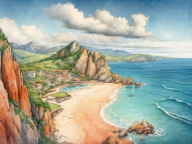 Auf dem Bild ist eine malerische Küstenlandschaft zu sehen. Der Strand ist golden und wird von klarem, türkisfarbenem Wasser umgeben. In der Nähe des Strandes erkennt man eine kleine Ansiedlung mit mehreren Gebäuden, möglicherweise Hotels oder Ferienanlagen, die umgeben sind von palmengesäumten Flächen.Aktivitäten, die man hier genießen könnte, sind Sonnenbaden, Schwimmen im Meer, Strandspaziergänge sowie Wassersportarten wie Surfen oder Kajakfahren. Die umliegenden Berge laden außerdem zu Wanderungen und naturnahen Erlebnissen ein. Die gesamte Szenerie suggeriert eine entspannte Urlaubsatmosphäre.
