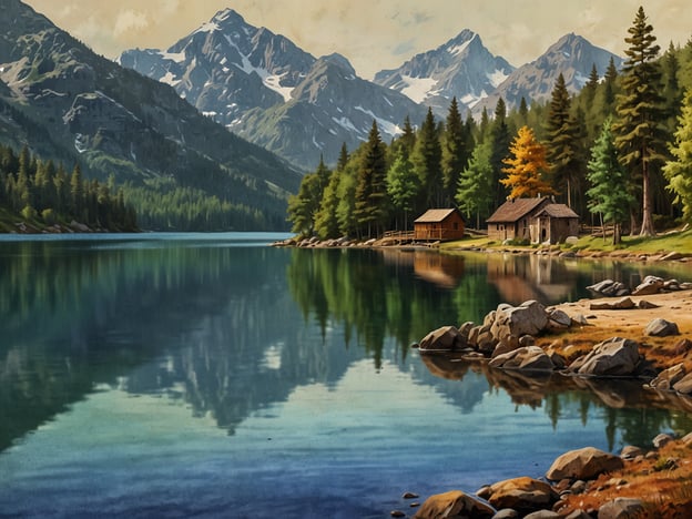 Auf dem Bild ist eine idyllische Landschaft zu sehen. Es zeigt einen ruhigen See, umgeben von hohen Bergen und dichten Wäldern. Am Ufer befinden sich einige Holzhäuser und eine Vielzahl von Steinen, die in das Wasser ragen. Die Berge im Hintergrund sind teilweise schneebedeckt, und die Bäume reflektieren sich in der glatten Wasseroberfläche. Die Szene vermittelt ein Gefühl von Ruhe und Naturverbundenheit.Fazit: Das Bild stellt eine friedliche, natürliche Umgebung dar, die durch ihre malerische Schönheit besticht.
