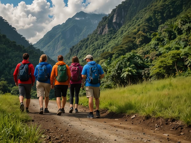 Auf dem Bild sind fünf Personen zu sehen, die eine Wanderung in einer bergigen, bewaldeten Landschaft unternehmen. Sie tragen Rucksäcke und sportliche Kleidung und gehen auf einem schmalen Weg. Die Umgebung ist grün und von majestätischen Bergen umgeben.**Praktische Tipps für Deinen Besuch:**1. **Wanderzeug:** Trage bequeme Wanderschuhe und wetterfeste Kleidung, um für verschiedene Bedingungen vorbereitet zu sein.2. **Wasser und Snacks:** Nimm genügend Wasser und energiereiche Snacks mit, um während der Wanderung hydratisiert und motiviert zu bleiben.3. **Karten und Navigation:** Informiere dich über den Wanderweg und bringe eine Karte oder ein GPS-Gerät mit, um sicherzustellen, dass du auf dem richtigen Pfad bleibst.4. **Sonnen- und Insektenschutz:** Vergiss nicht, Sonnencreme und Mückenschutzmittel einzupacken, um dich zu schützen.5. **Freunde mitnehmen:** Wandern macht mehr Spaß in Gesellschaft, also lade Freunde ein und genießt die Natur gemeinsam.6. **Zeitplanung:** Plane genügend Zeit für die Wanderung ein, damit du die Landschaft in Ruhe genießen und Pausen einlegen kannst.